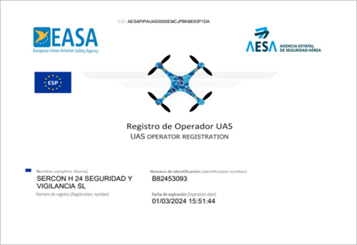 certificado empresa de servicios de seguridad con drones en Madrid Grupo Sercon